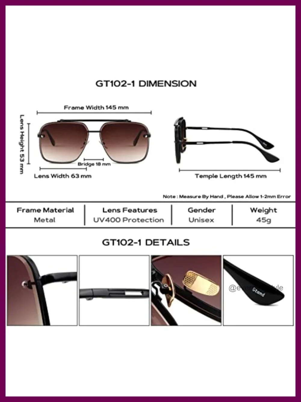 Oversized Square Aviator Sunglasses Metal Frame UV400 Gradient Lens